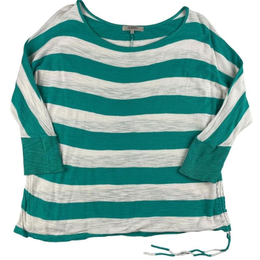 AE Sport Sweatshirt Womens Size X Gray Green Striped Cotton Ruched Round Neck